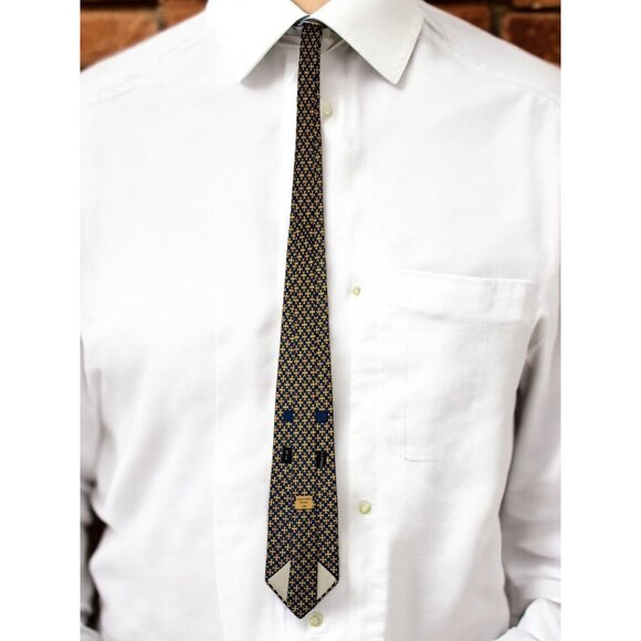 Maria - Thereza Mimoso Geometric Pattern 100% Silk Tie Navy Blue and Gold Made I - Picture 4 of 7